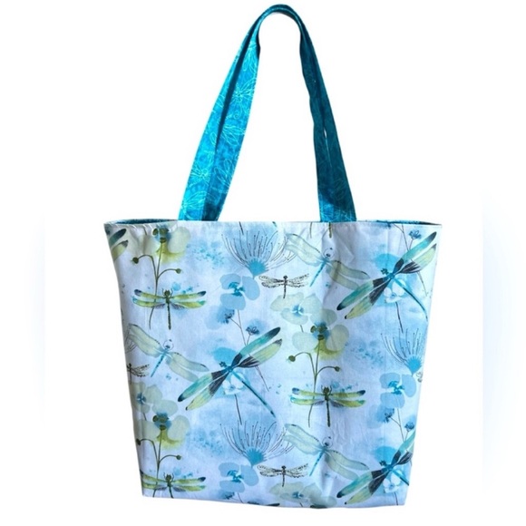 Handmade Dragonfly Print Tote Bag Colorful All Purpose Market Shoulder Purse - Picture 3 of 8